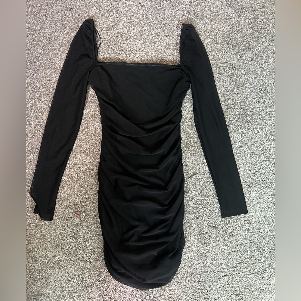 Princess Polly Black Ruched Bodycon Dress with sheer long sleeves